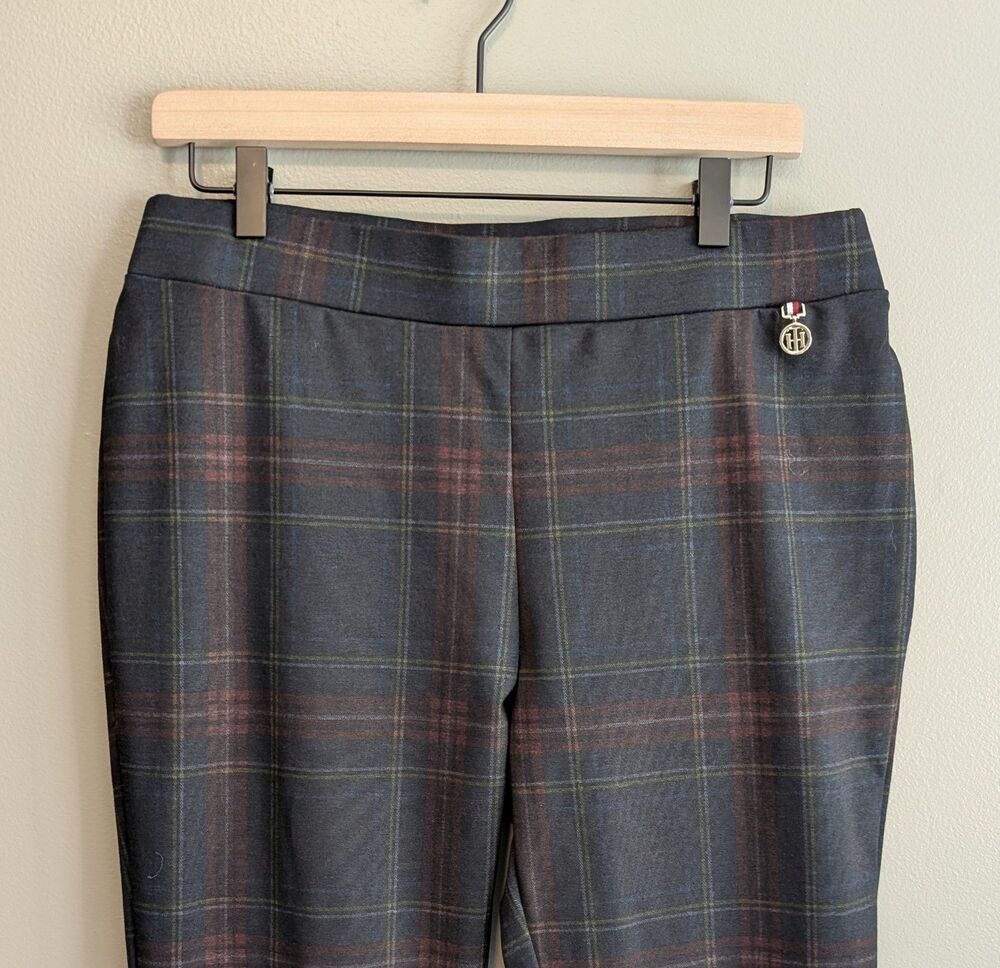 Tommy Hilfiger Womens Pants Size 12 Plaid Stretch Pull On Slim Leg Trousers Navy - Picture 2 of 7